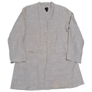 Eileen Fisher Linen Natural Floral Embroid Contemporary Lightweight Long Blazer